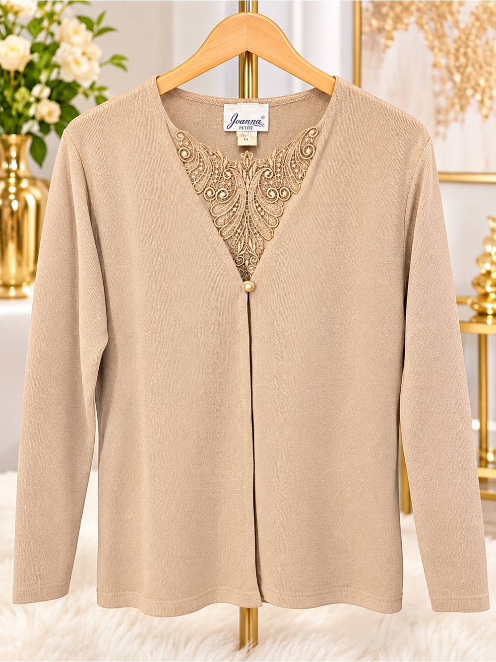 Anna Taupe Lace-Trim V-Neck Cardigan